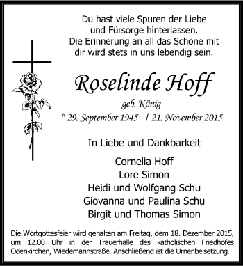 Traueranzeige von Roselinde Hoff von Rheinische Post