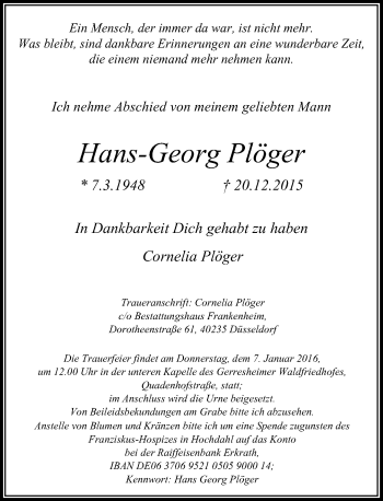 Traueranzeige von Hans-Georg Plöger von Rheinische Post