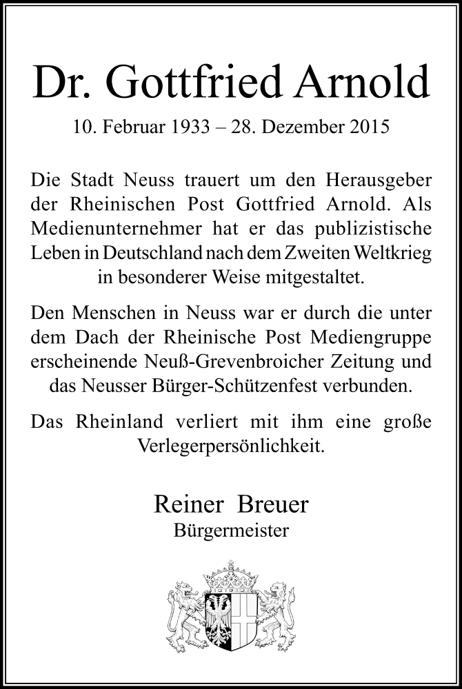  Traueranzeige für Gottfried Arnold vom 31.12.2015 aus Rheinische Post