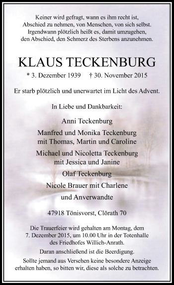 Traueranzeige von Klaus Teckenburg von Rheinische Post