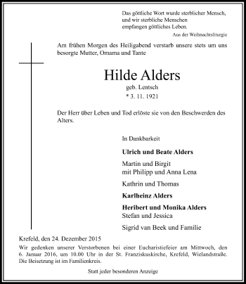Traueranzeige von Hilde Alders von Rheinische Post
