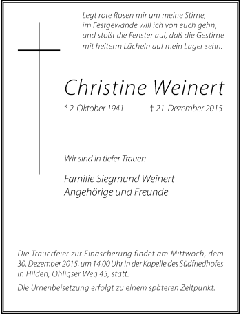 Traueranzeige von Christine Weinert von Rheinische Post