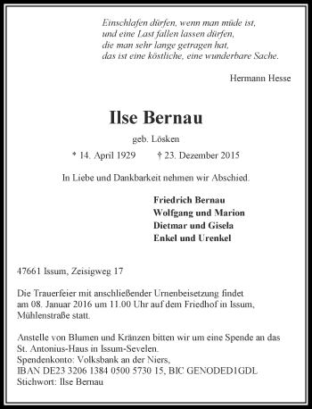 Traueranzeige von Ilse Bernau von Rheinische Post