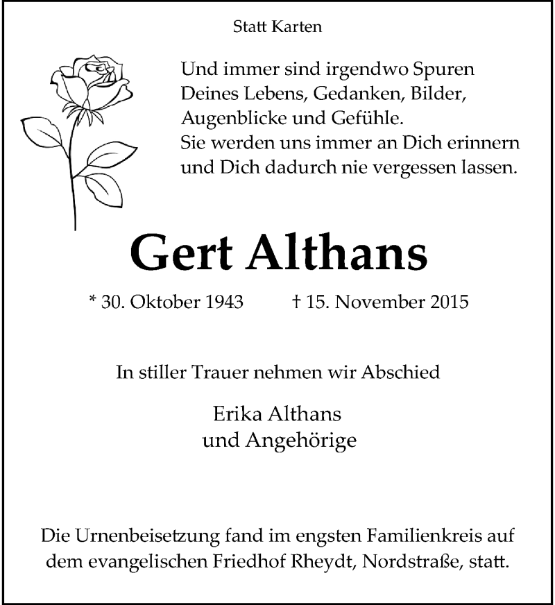  Traueranzeige für Gert Althans vom 05.12.2015 aus Rheinische Post