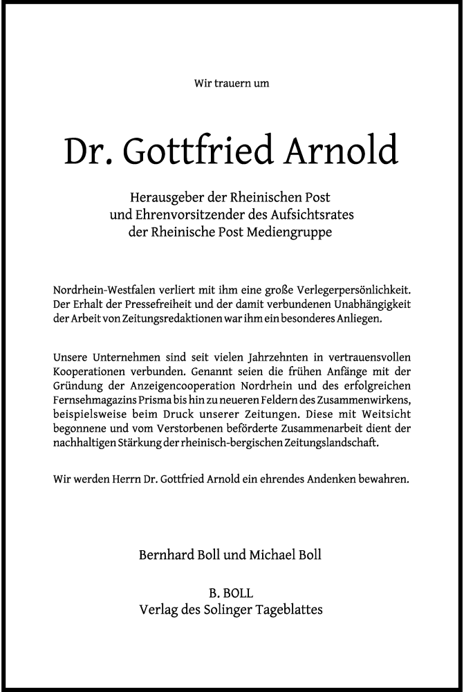  Traueranzeige für Gottfried Arnold vom 31.12.2015 aus Rheinische Post