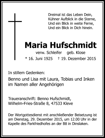 Traueranzeige von Maria Hufschmidt von Rheinische Post