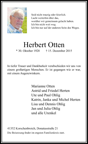 Traueranzeige von Herbert Otten von Rheinische Post