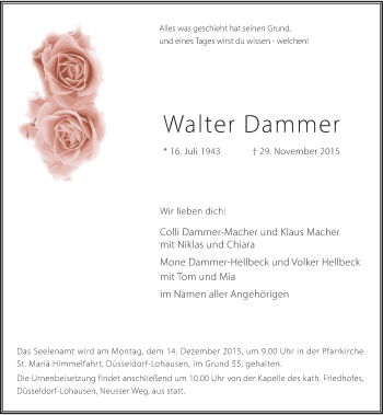 Traueranzeige von Walter Dammer von Rheinische Post