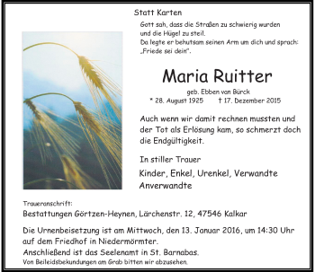 Traueranzeige von Maria Ruitter von Rheinische Post
