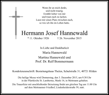 Traueranzeige von Hermann Josef Hannewald von Rheinische Post