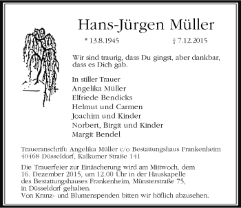 Traueranzeige von Hans-Jürgen Müller von Rheinische Post