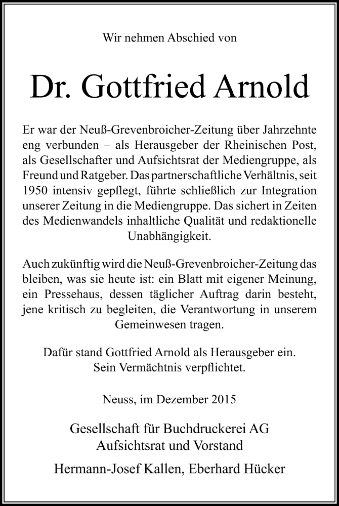  Traueranzeige für Gottfried Arnold vom 31.12.2015 aus Rheinische Post