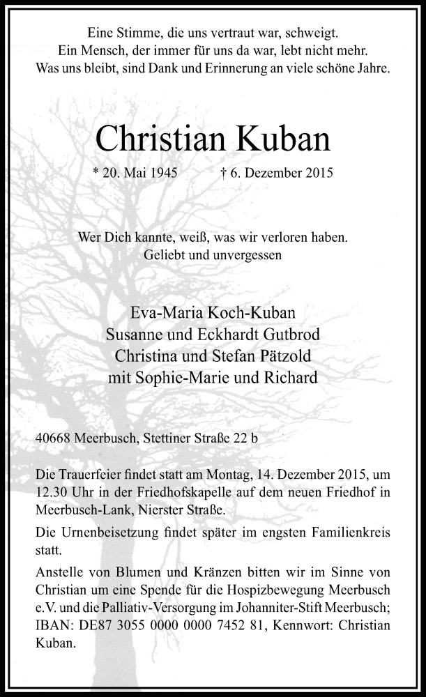  Traueranzeige für Christian Kuban vom 12.12.2015 aus Rheinische Post
