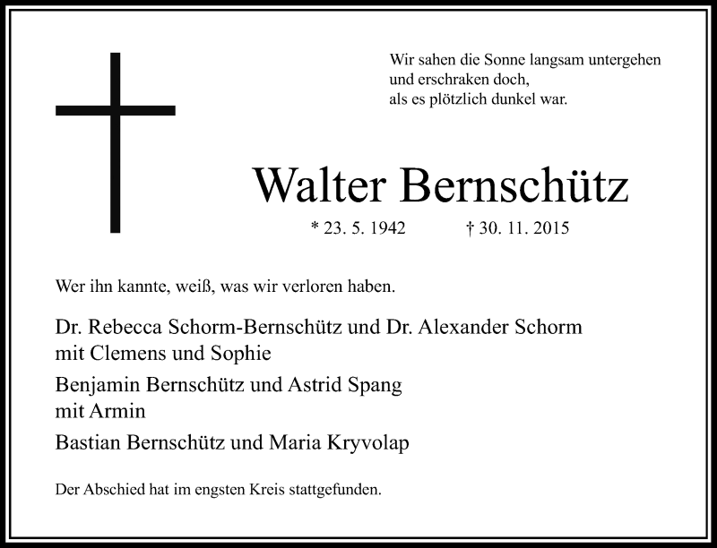  Traueranzeige für Walter Bernschütz vom 05.12.2015 aus Rheinische Post