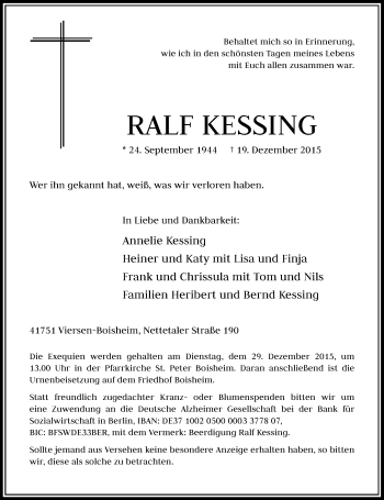 Traueranzeige von Ralf Klessing von Rheinische Post