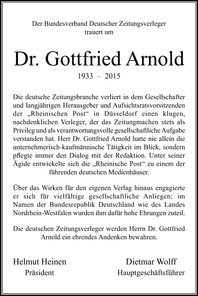  Traueranzeige für Gottfried Arnold vom 31.12.2015 aus Rheinische Post