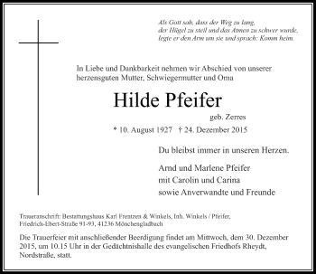 Traueranzeige von Hilde Pfeifer von Rheinische Post