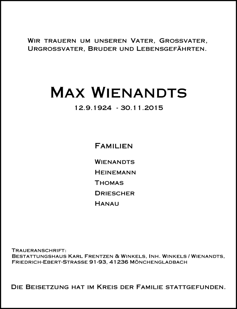  Traueranzeige für Max Wienandts vom 12.12.2015 aus Rheinische Post