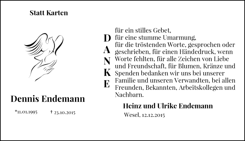  Traueranzeige für Dennis Endemann vom 12.12.2015 aus Rheinische Post