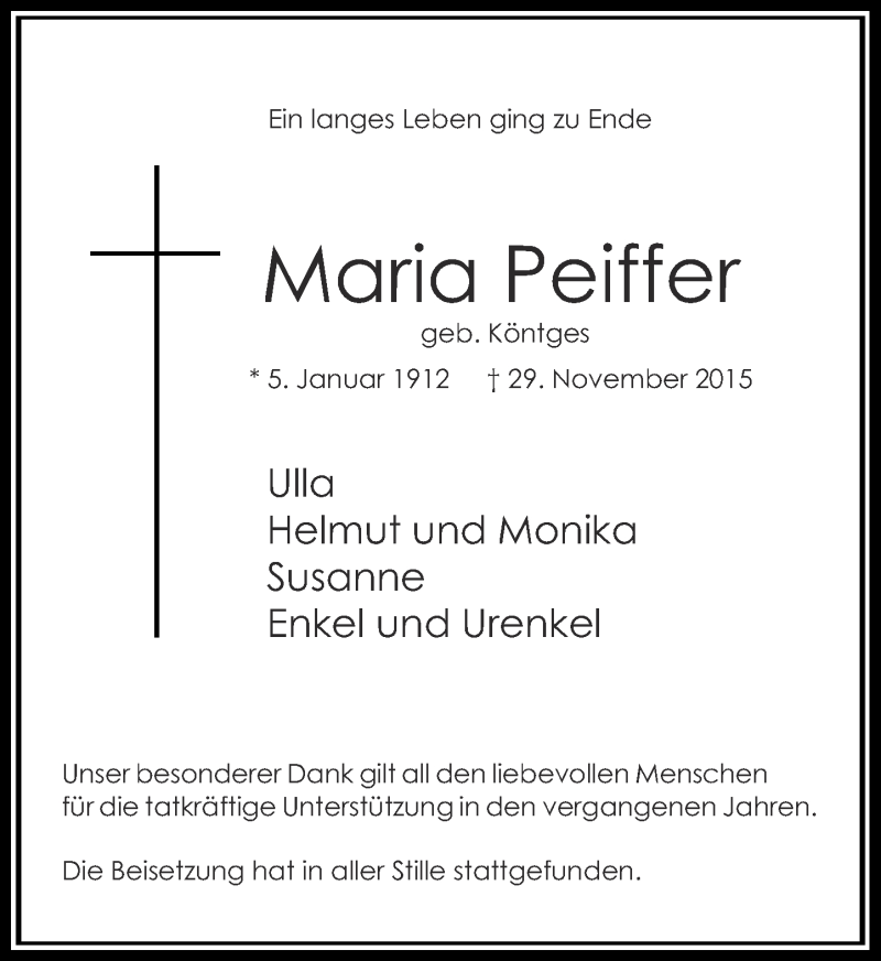  Traueranzeige für Maria Peiffer vom 12.12.2015 aus Rheinische Post
