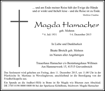 Traueranzeige von Magda Hamacher von Rheinische Post