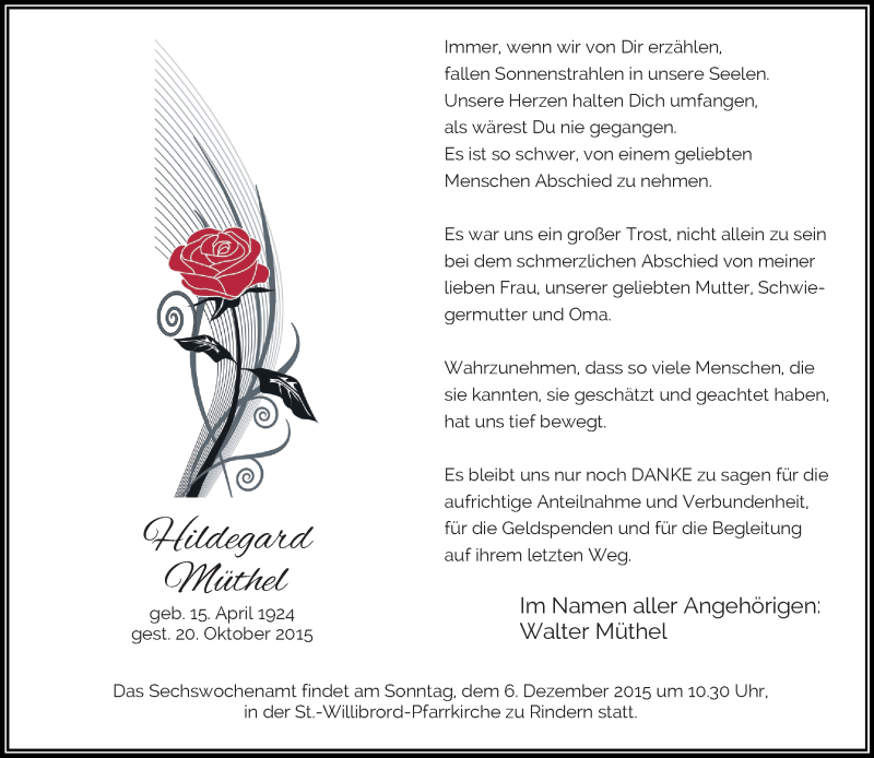  Traueranzeige für Hildegard Müthel vom 02.12.2015 aus Rheinische Post