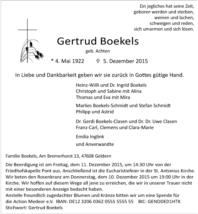  Traueranzeige für Gertrud Boekels vom 07.12.2015 aus Rheinische Post
