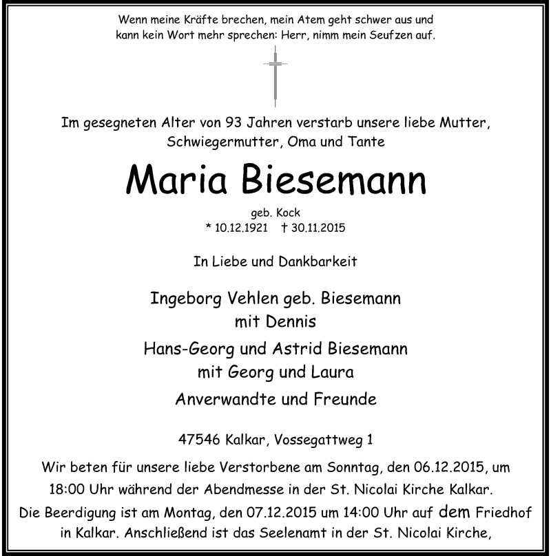  Traueranzeige für Maria Biesemann vom 03.12.2015 aus Rheinische Post