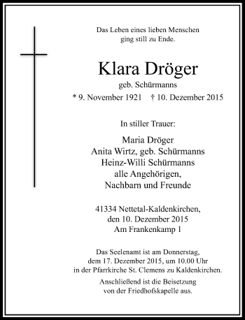 Traueranzeige von Klara Dröger von Rheinische Post