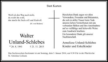 Traueranzeige von Walter Unland-Schlebes von Rheinische Post