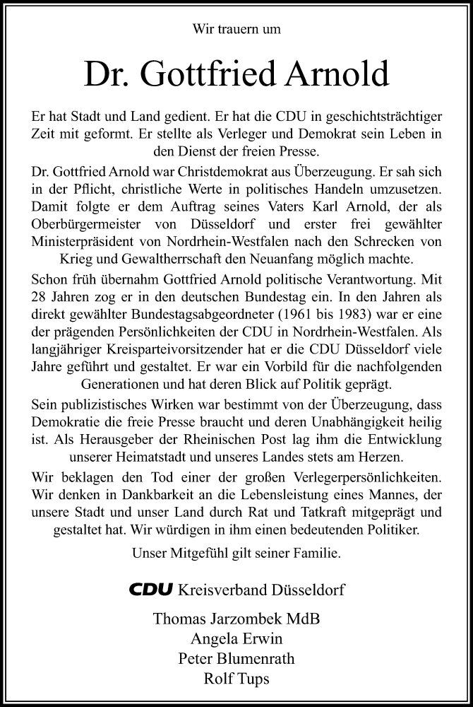  Traueranzeige für Gottfried Arnold vom 31.12.2015 aus Rheinische Post