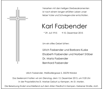 Traueranzeige von Karl Fasbender von Rheinische Post