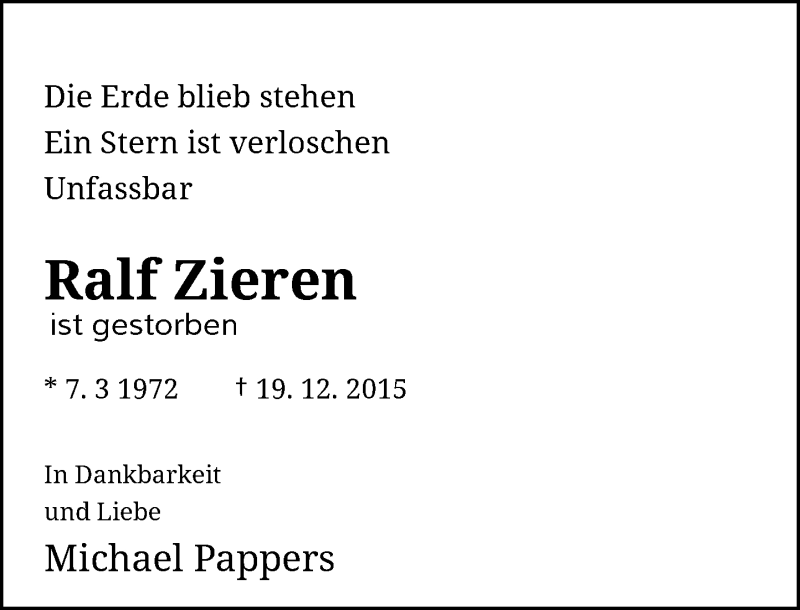  Traueranzeige für Ralf Zieren vom 24.12.2015 aus Rheinische Post