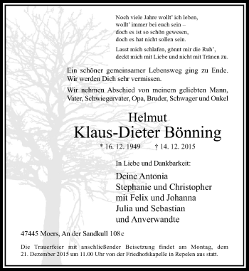 Traueranzeige von Klaus-Dieter Bönning von Rheinische Post