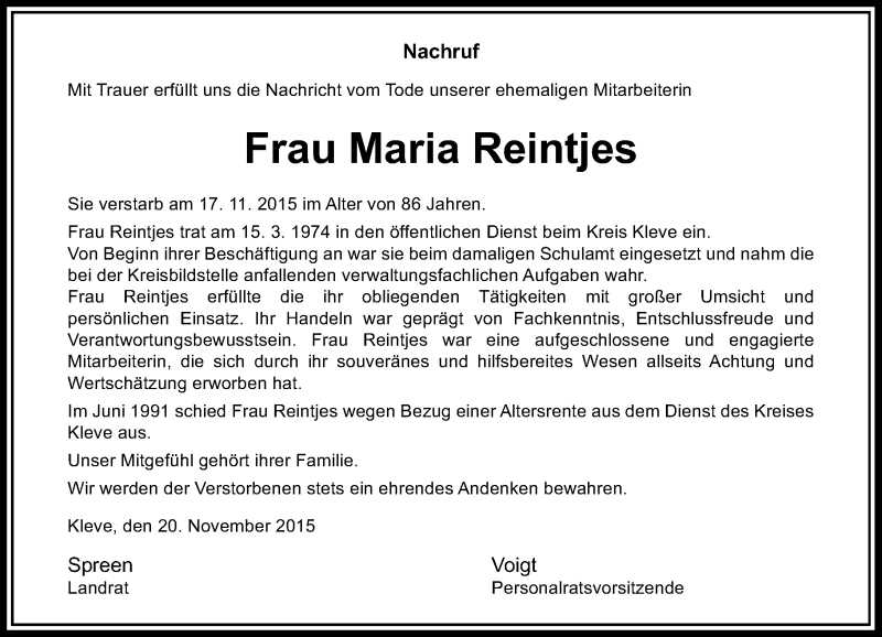  Traueranzeige für Maria Reintjes vom 08.12.2015 aus Rheinische Post