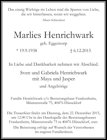 Traueranzeige von Marlies Henrichwark von Rheinische Post