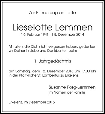Traueranzeige von Lieselotte Lemmen von Rheinische Post