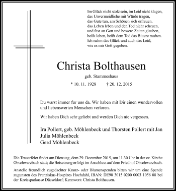 Traueranzeige von Christa Bolthausen von Rheinische Post