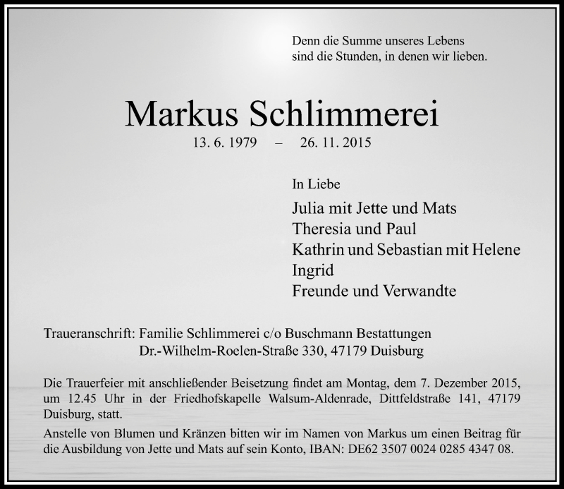  Traueranzeige für Markus Schlimmerei vom 01.12.2015 aus Rheinische Post