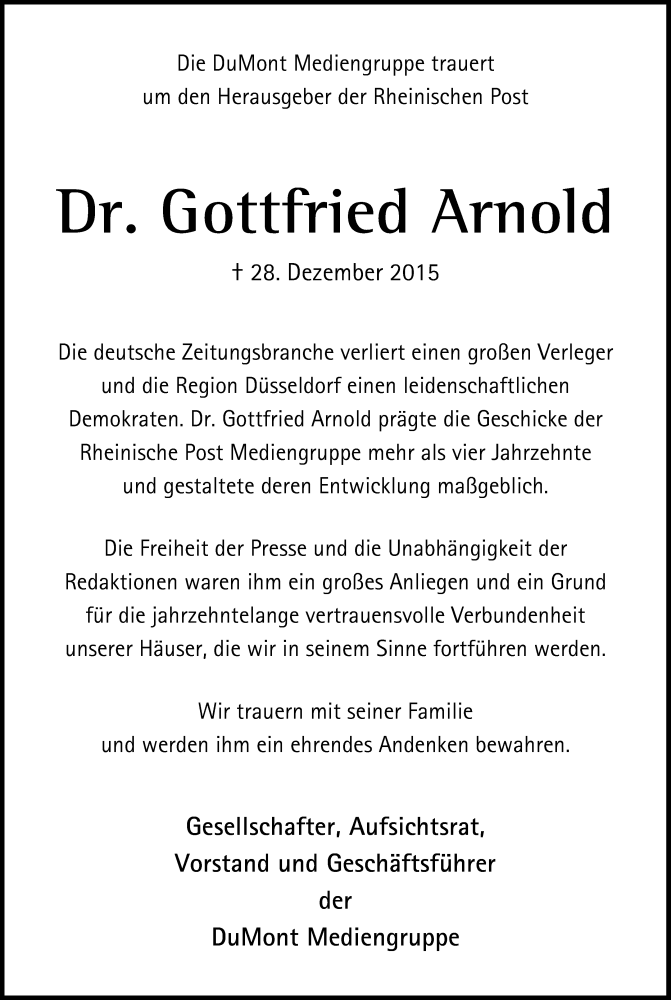  Traueranzeige für Gottfried Arnold vom 31.12.2015 aus Rheinische Post