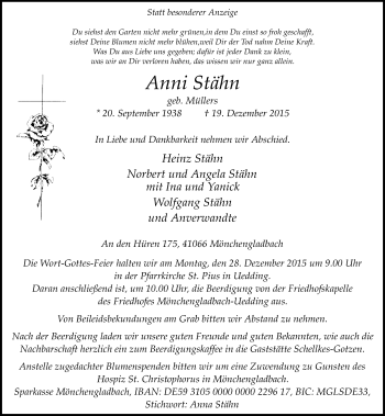 Traueranzeige von Anni Stähn von Rheinische Post