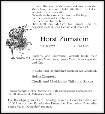 Traueranzeige von Horst Zürnstein von Rheinische Post
