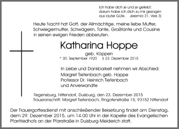 Traueranzeige von Katharina Hoppe von Rheinische Post