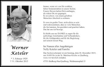 Traueranzeige von Werner Keteler von Rheinische Post