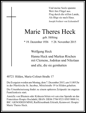 Traueranzeige von Marie Theres Heck von Rheinische Post