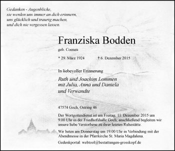 Traueranzeige von Franziska Bodden von Rheinische Post