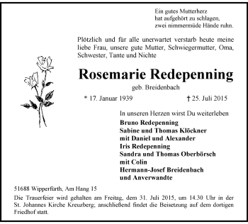 Traueranzeige von Rosemarie Redepenning von Rheinische Post