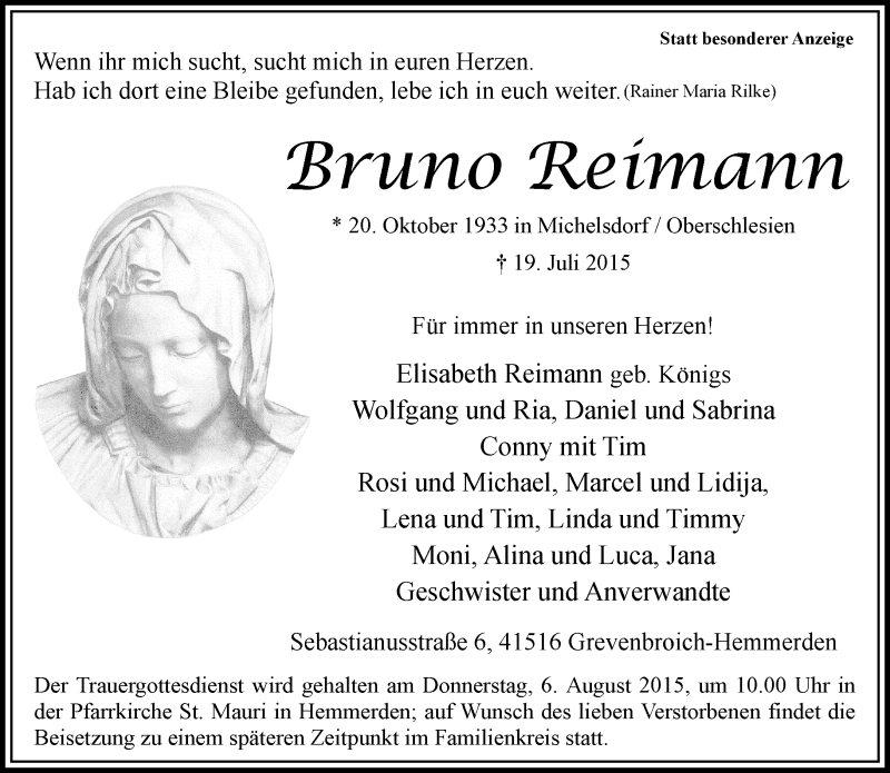  Traueranzeige für Bruno Reimann vom 01.08.2015 aus Rheinische Post