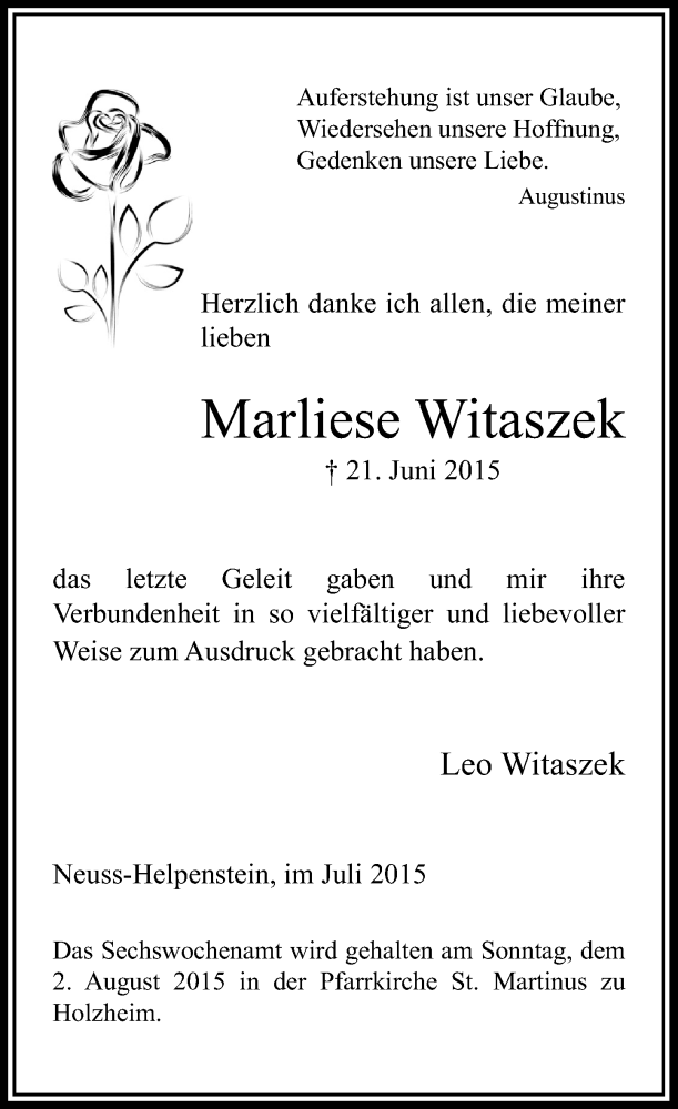  Traueranzeige für Marliese Witaszek vom 25.07.2015 aus Rheinische Post