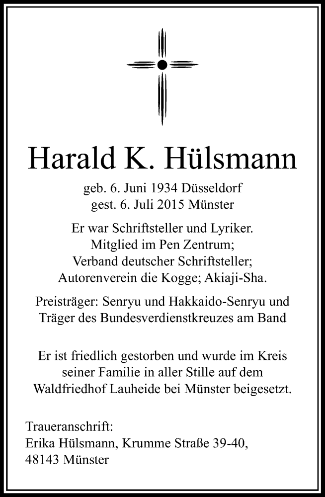  Traueranzeige für Harald K Hülsmann vom 01.08.2015 aus Rheinische Post